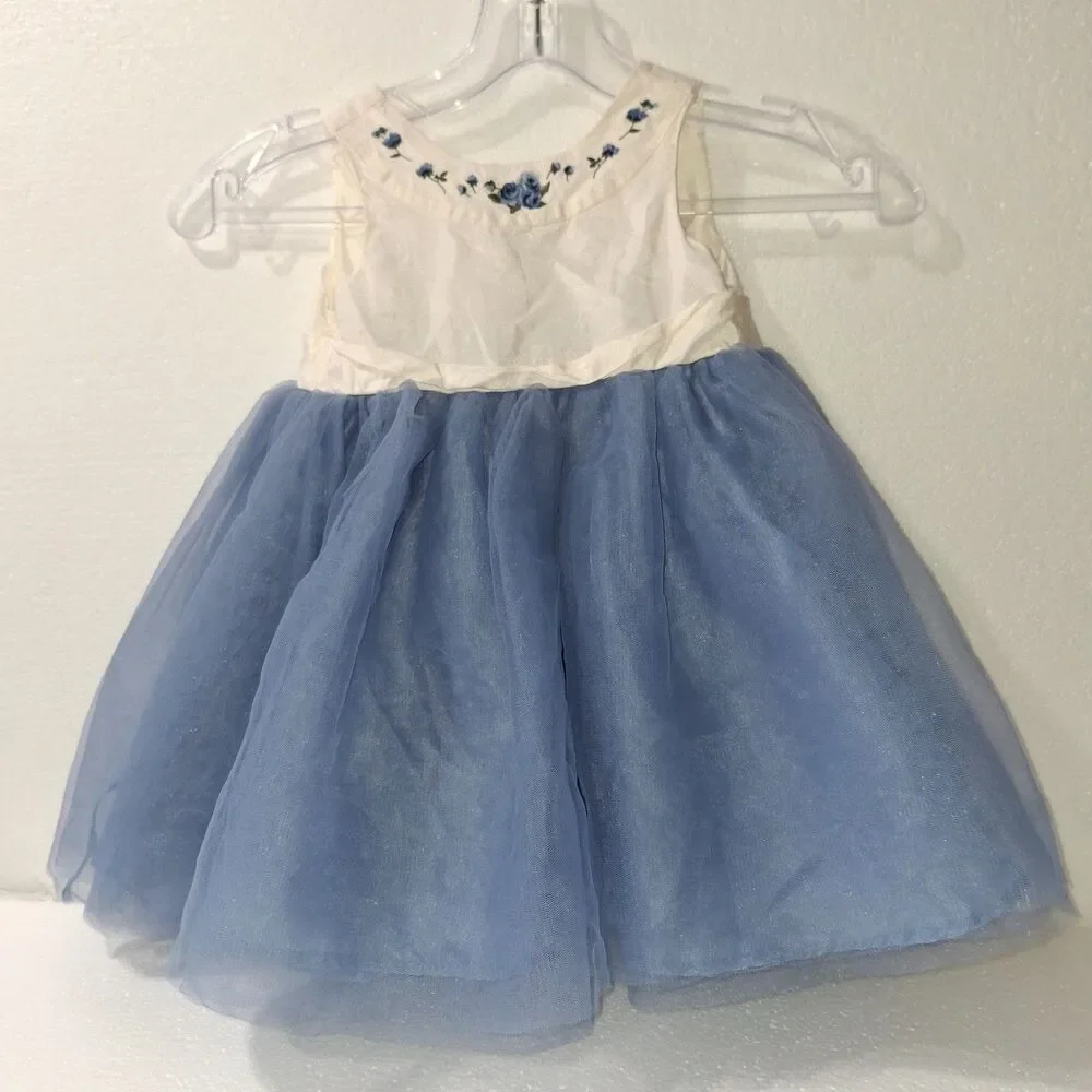 Janie & Jack Girls Dress 12-18 Mos Ivory Blue Embroidered Ruffle Tulle Flare Hem